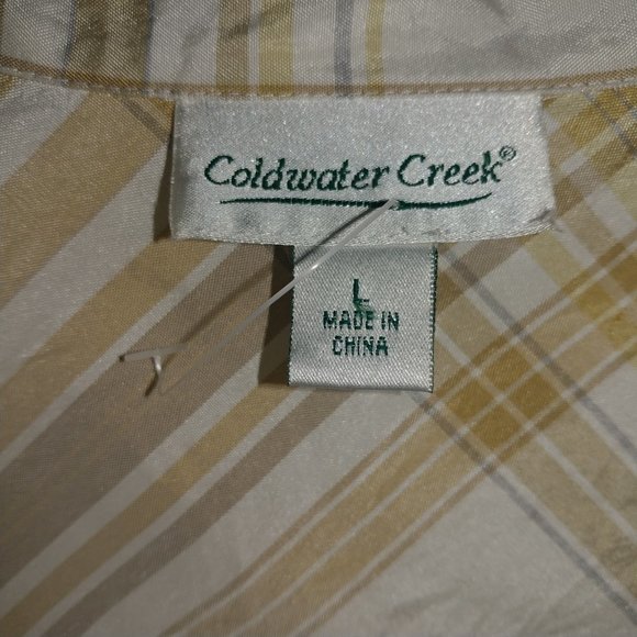 Coldwater Creek: Cream/Gold Silk Blend Tie-Front Button Up Top - Size Large NWOT - Picture 9 of 10